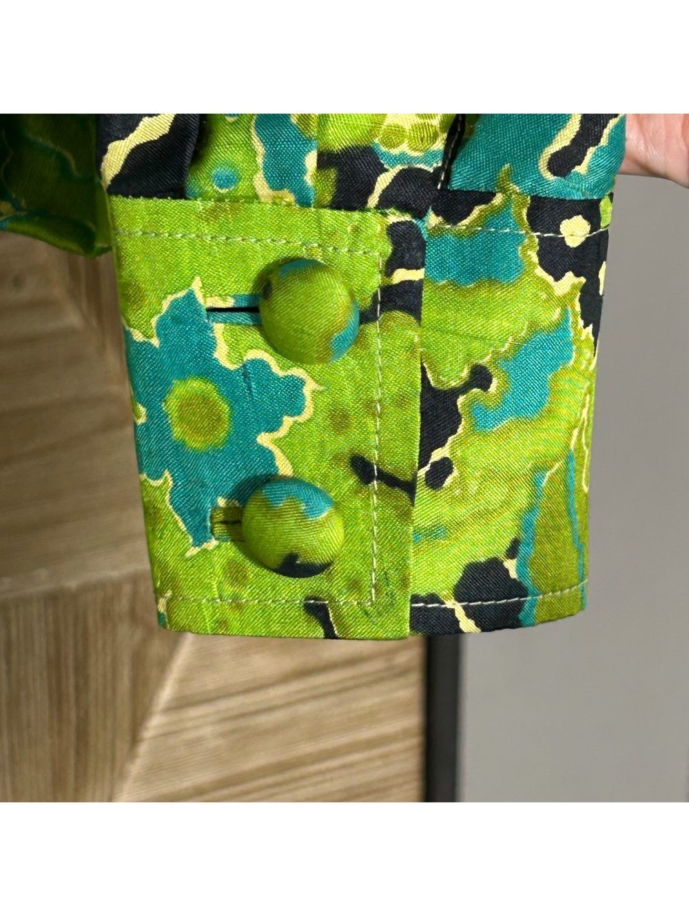 Vintage 70s Retro Silk Long Sleeve Belted Shirt Dress Green Floral Midi S/M Mod - Picture 8 of 12